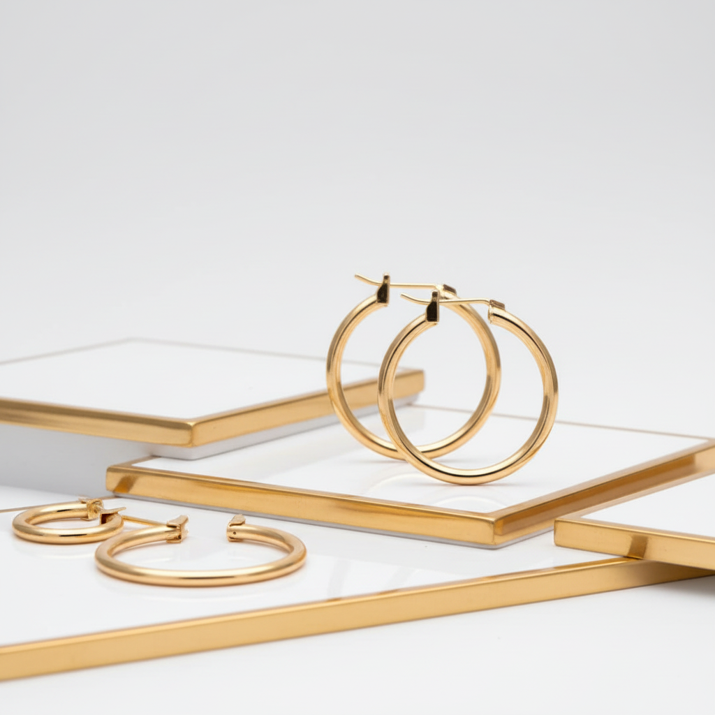 30mm gold plated hoop earrings close-up - handcrafted statement hoops with 2mm thickness