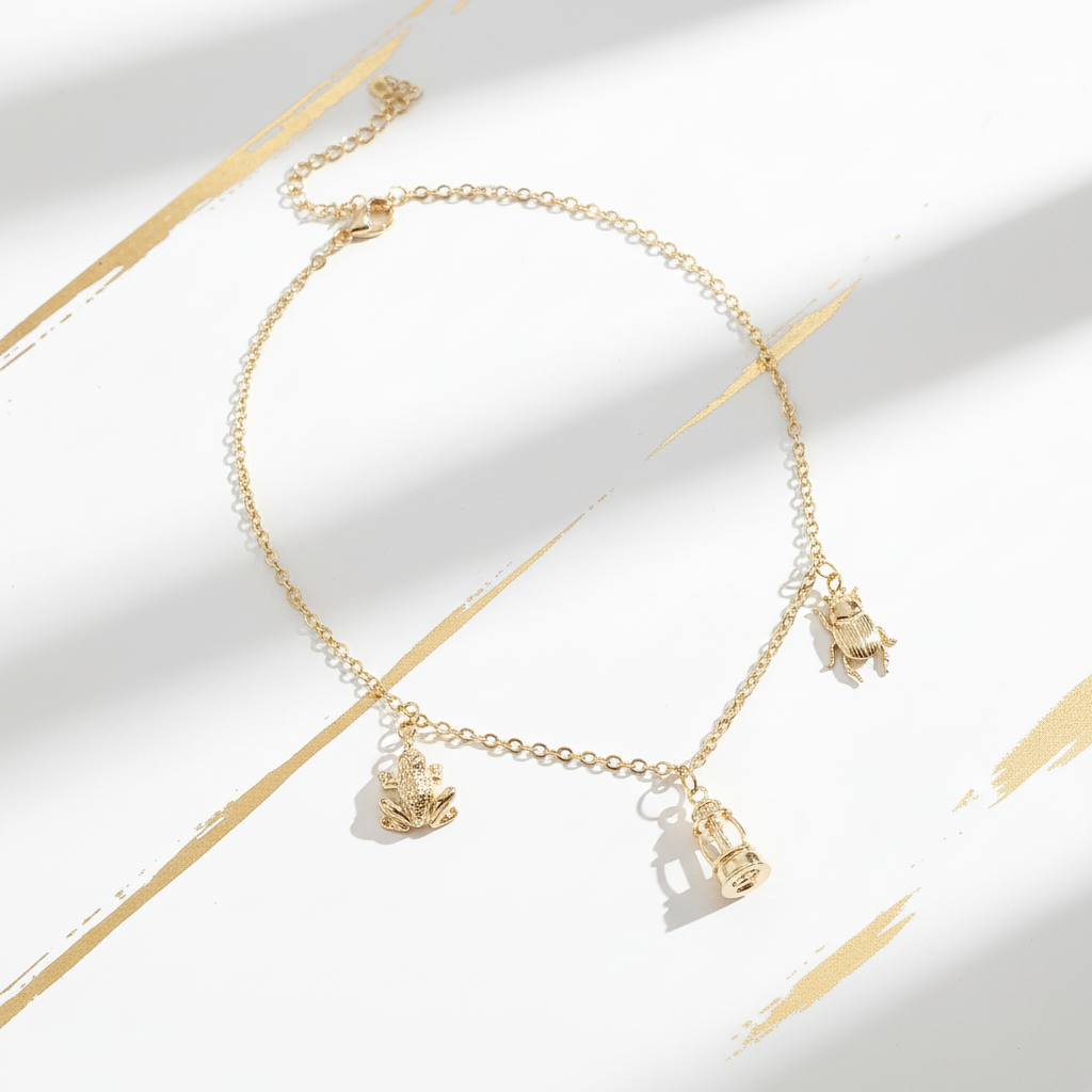 3D charm necklace gold plated frog lighthouse scarab beetle elegant white gold setting