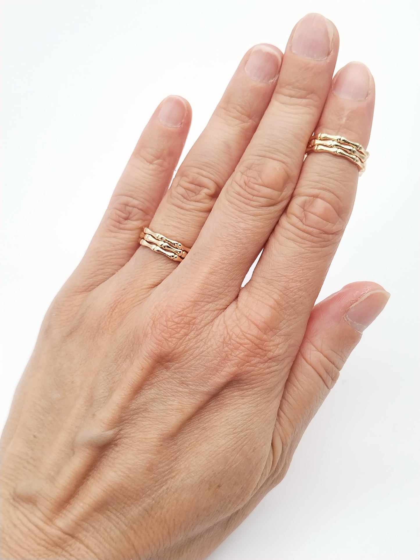 Anillo de bambú dorado, triple banda, ajustable, apilable, elegante, tendencia, regalos, mujeres, joyas