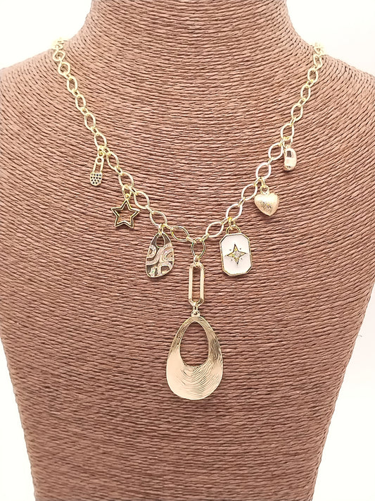 Charms Necklace, Gold Oval Chain, Dangling, Layering, Elegant, Women Jewelry, Holidays Gift