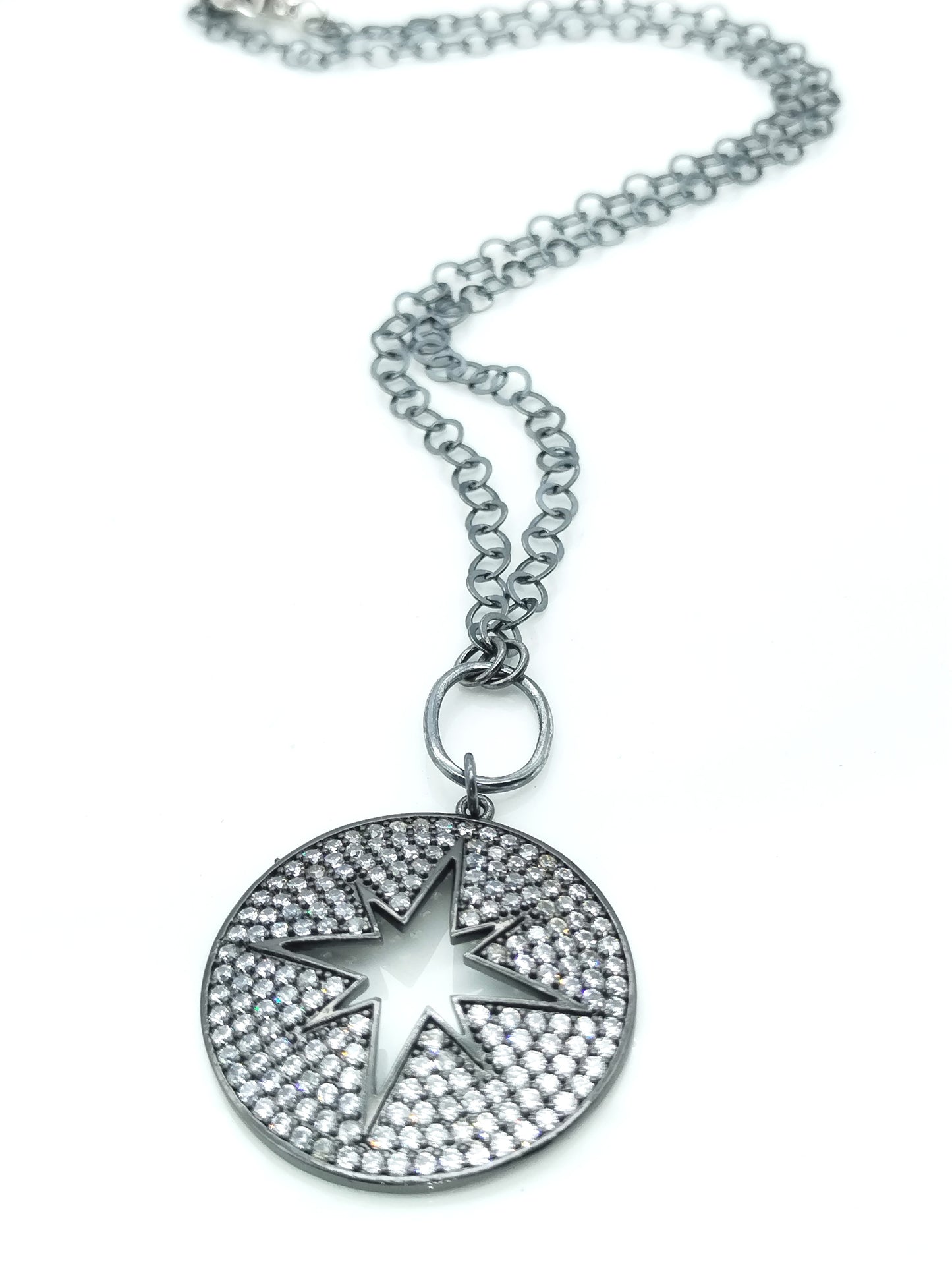 Large Sterling Silver Pendant Necklace, Trendy Oxidized Chain, CZ Pavé, Gift, Sustainable Jewelry, Women
