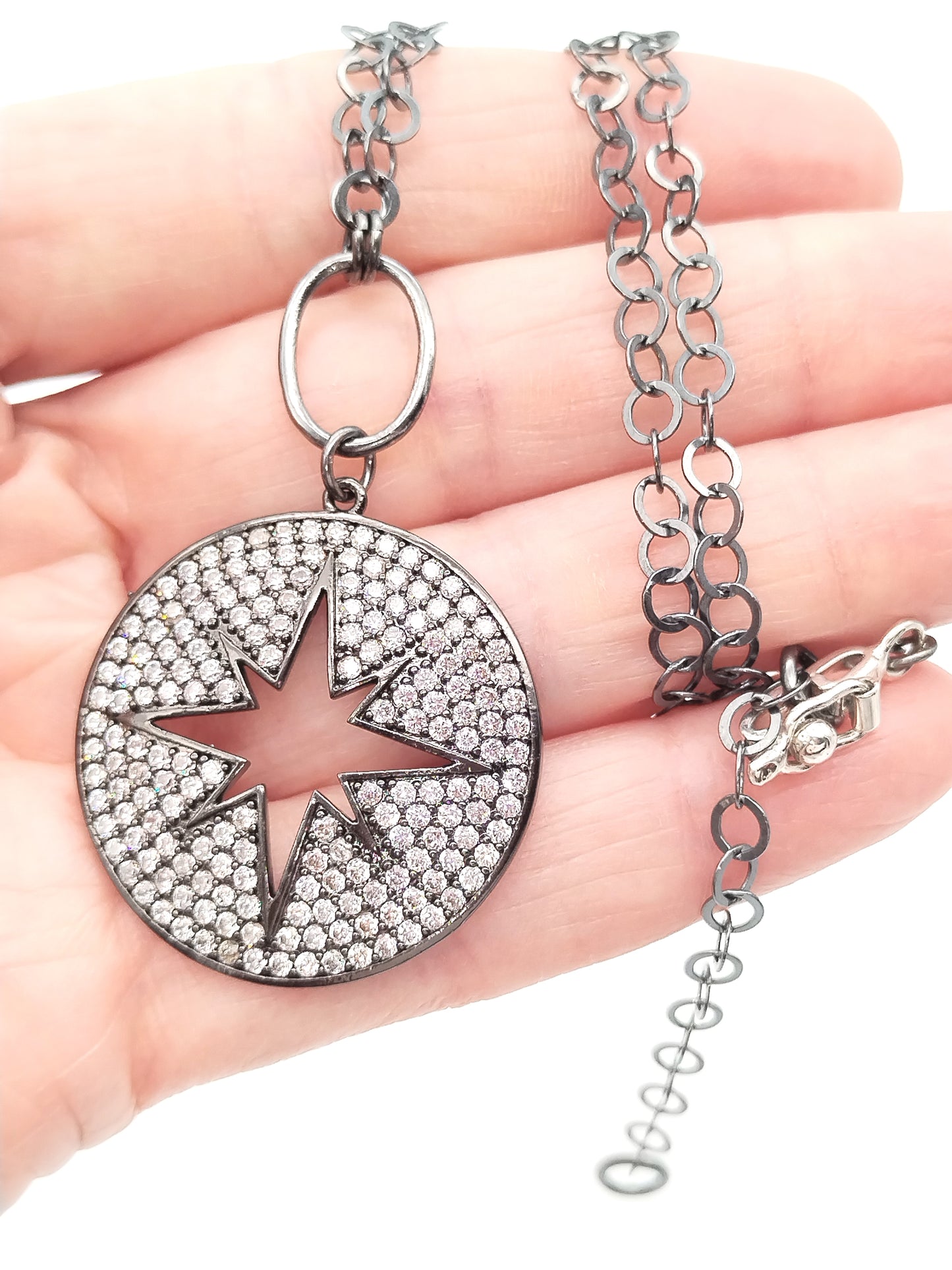 Large Sterling Silver Pendant Necklace, Trendy Oxidized Chain, CZ Pavé, Gift, Sustainable Jewelry, Women