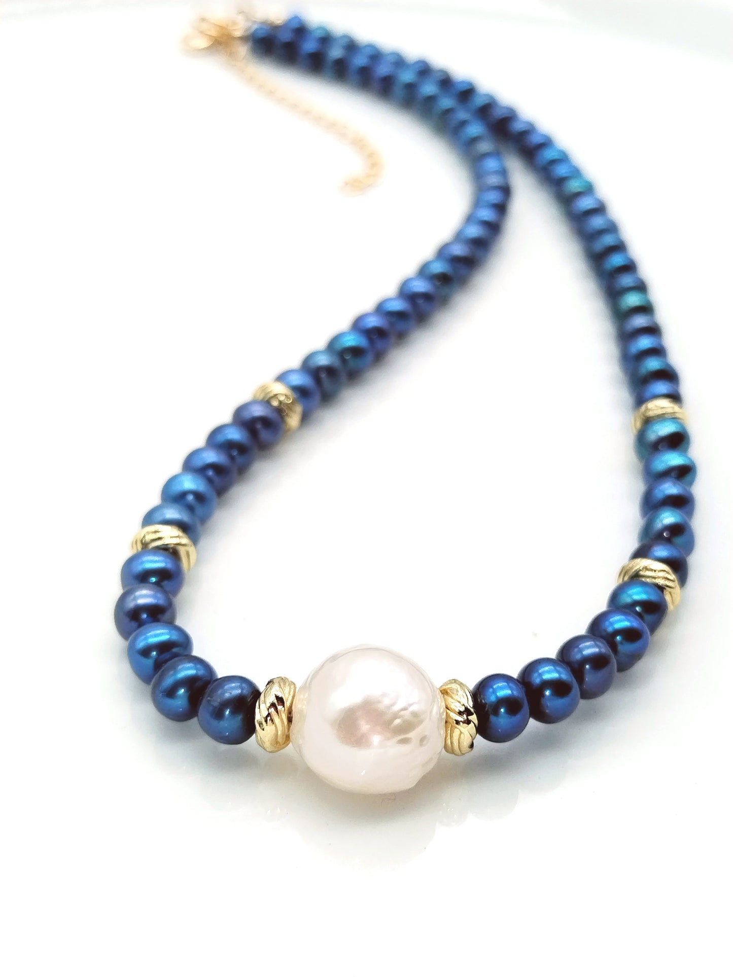 Elegant Blue Pearl Necklace with Gold Accents and Edison Focal Pearl - Trendy Statement Jewelry, Gift, Women