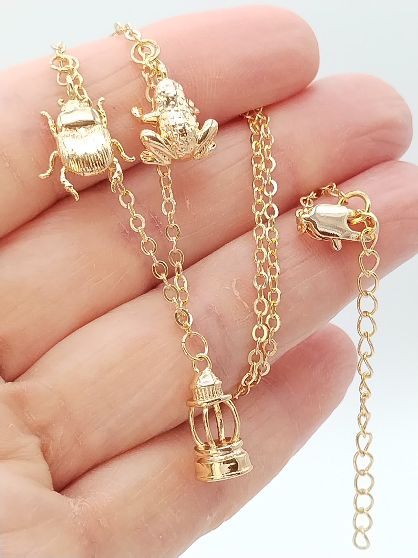 Gold Charm Necklace, Frog, Scarab, Lighthouse, Lucky Pendant Jewelry, Chain, Gifts for Women,
