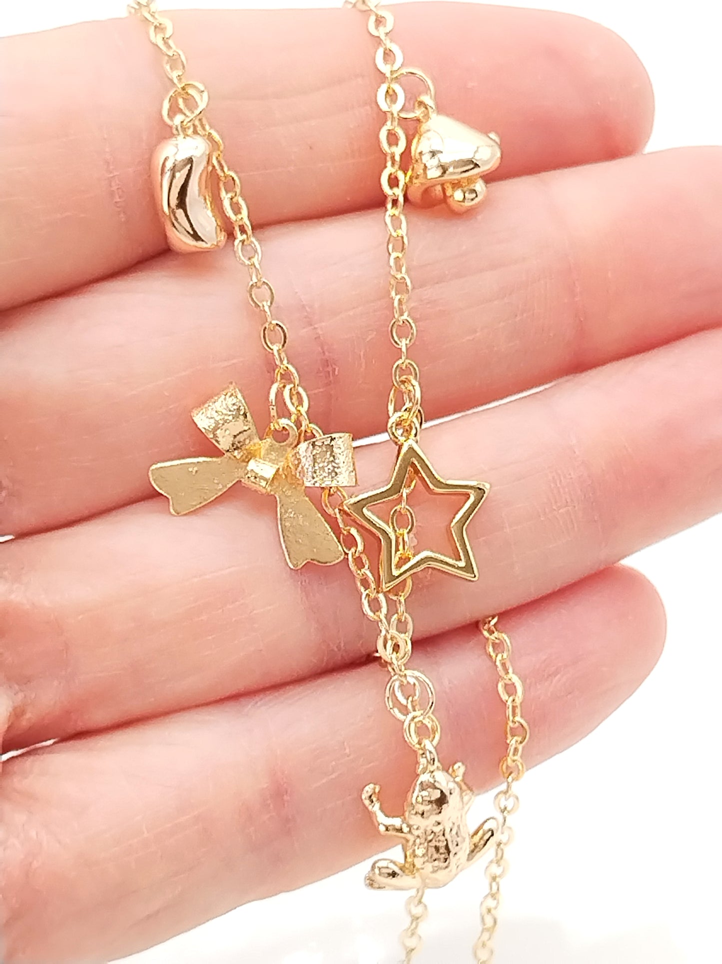 Dangling Gold Charms Necklace, Link Chain, Trendy Women Jewelry, Gift, Birthday
