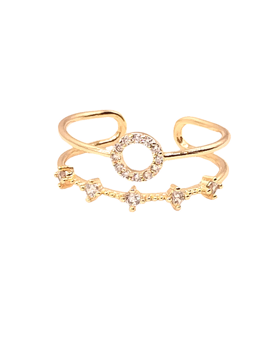 Doppelter Bandring, offener Kreis aus Gold, Zirkonia, funkelnd, trendig, elegant, Schmuck, Frauen, minimalistisch