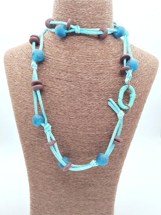 Turquoise Long Necklace, Glass Beads Choker, Summer Jewelry, Gifts, Unique, Colorful