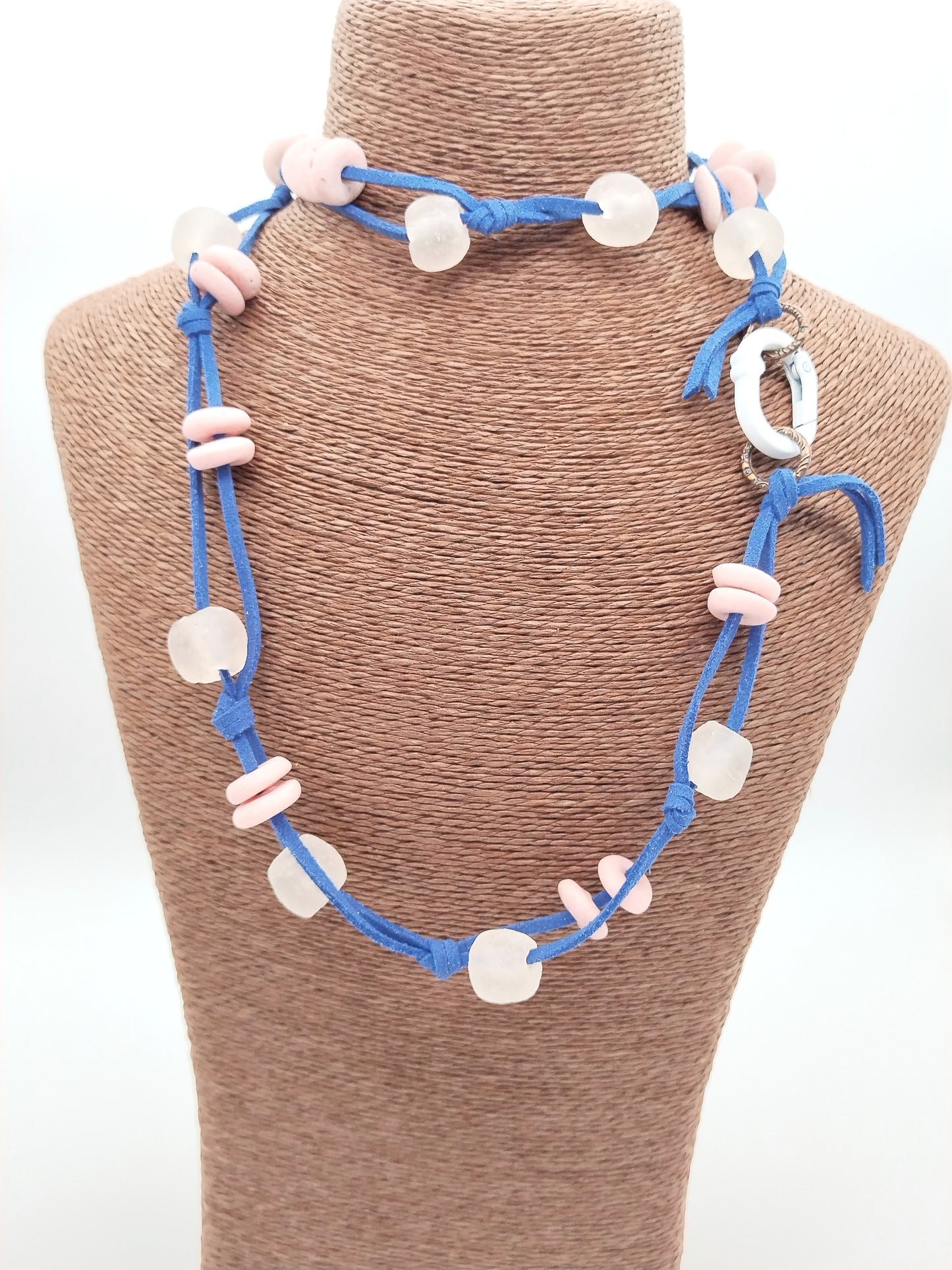 Navy Blue Necklace, Glass Beads Choker, Long, Hand Knotted, Faux Leather, Colorful Jewelry