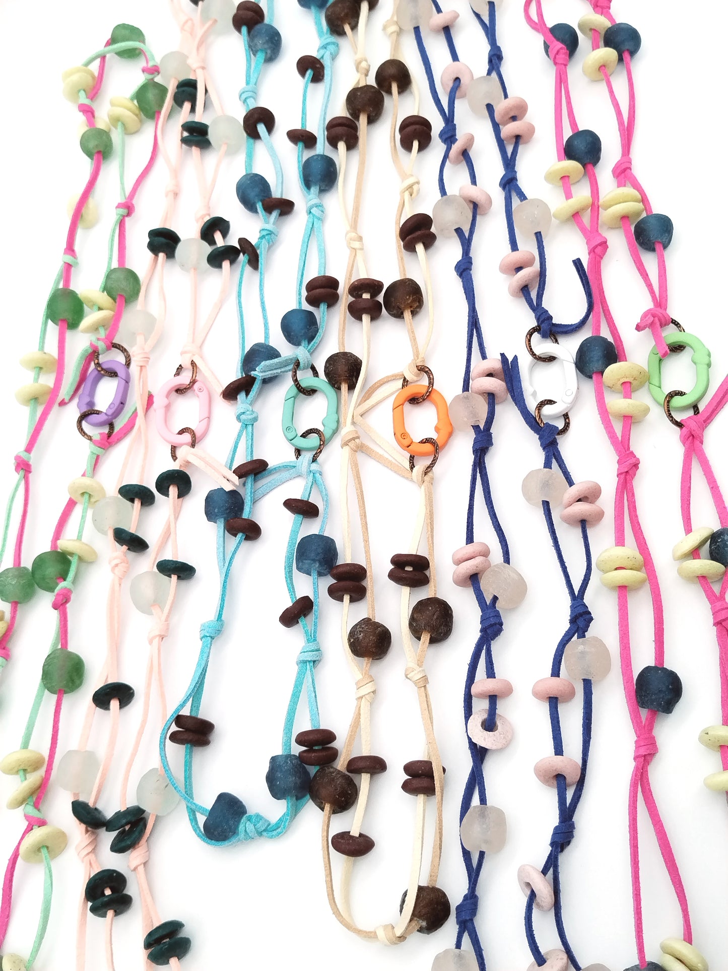 Navy Blue Necklace, Glass Beads Choker, Long, Hand Knotted, Faux Leather, Colorful Jewelry