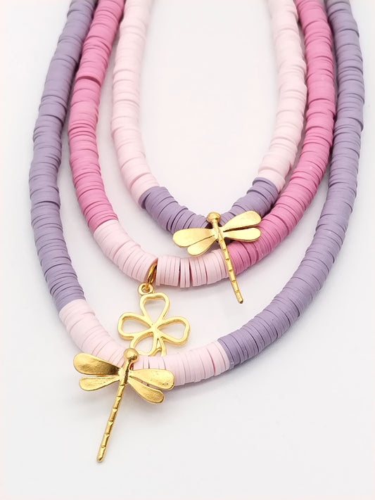 Vinyl Heishi Necklace with Matte Gold Charm. Colorful Necklace