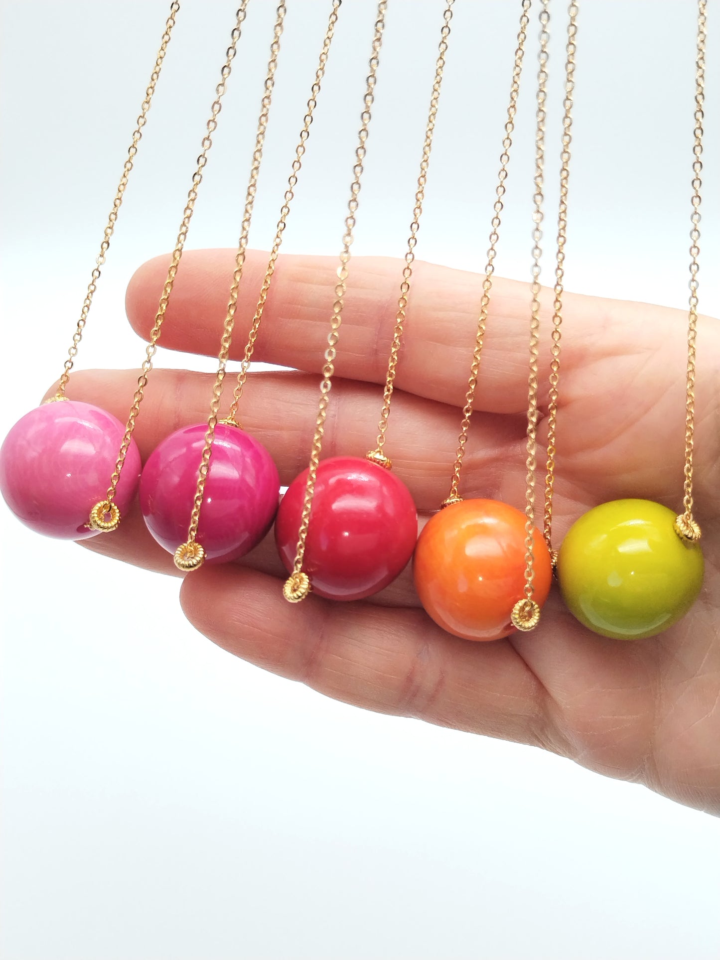 Pink tagua pendant choker on gold chain - sustainable palm nut jewelry