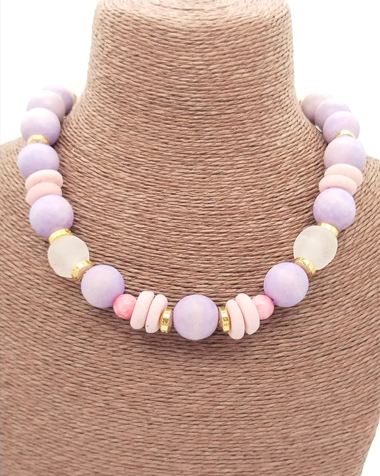 Chunky Lavender Wood Bead Gold Choker Necklace