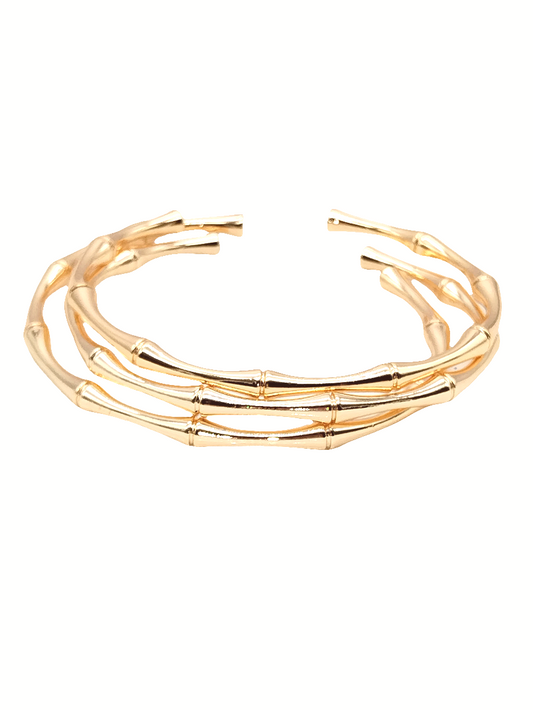 18k Gold Cuff Bracelet, Bamboo Shape, Stackable, Unique Jewelry, Gifts, Trending, Women