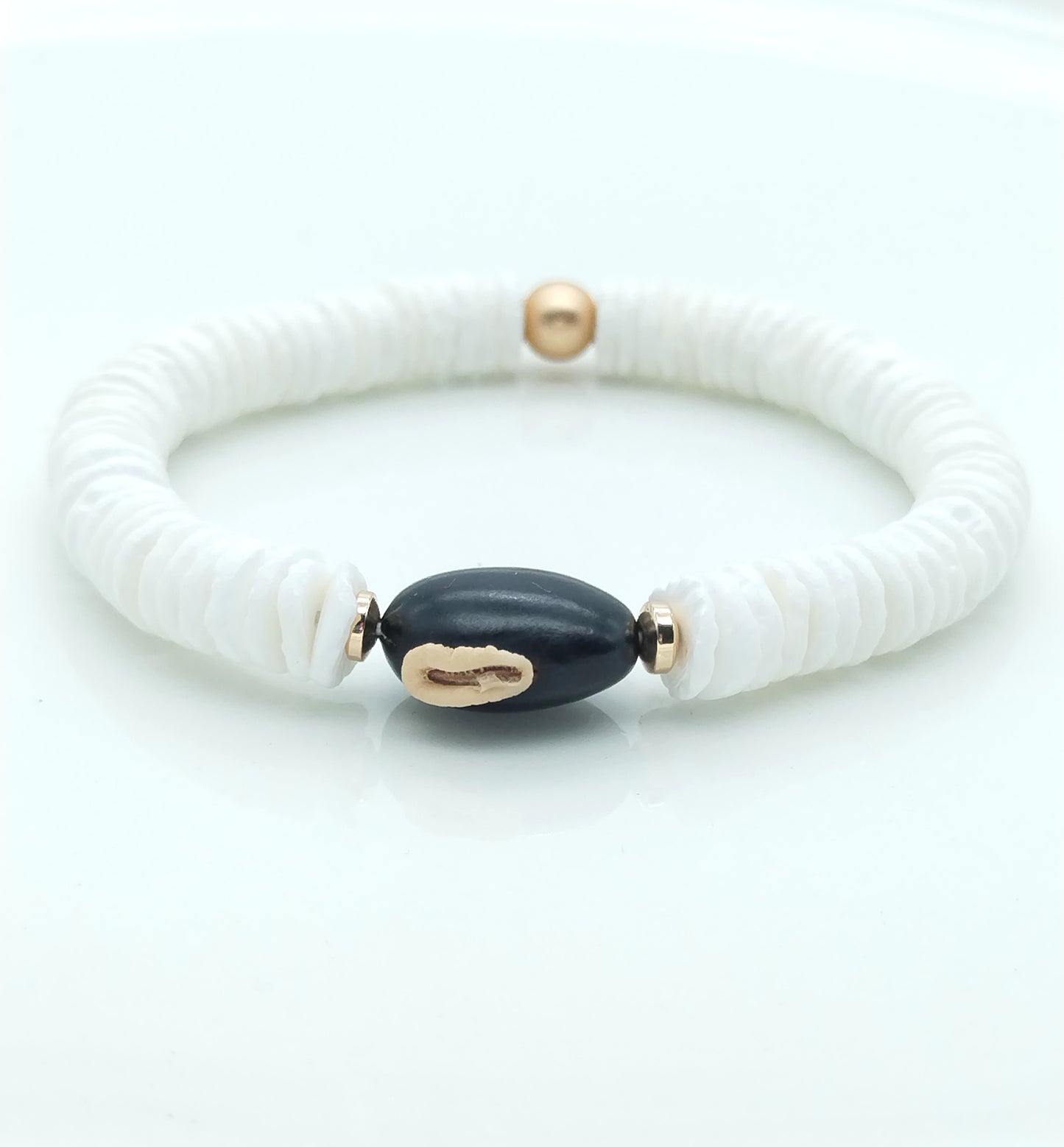 White Shell and Black Seed Stretchy Bracelet