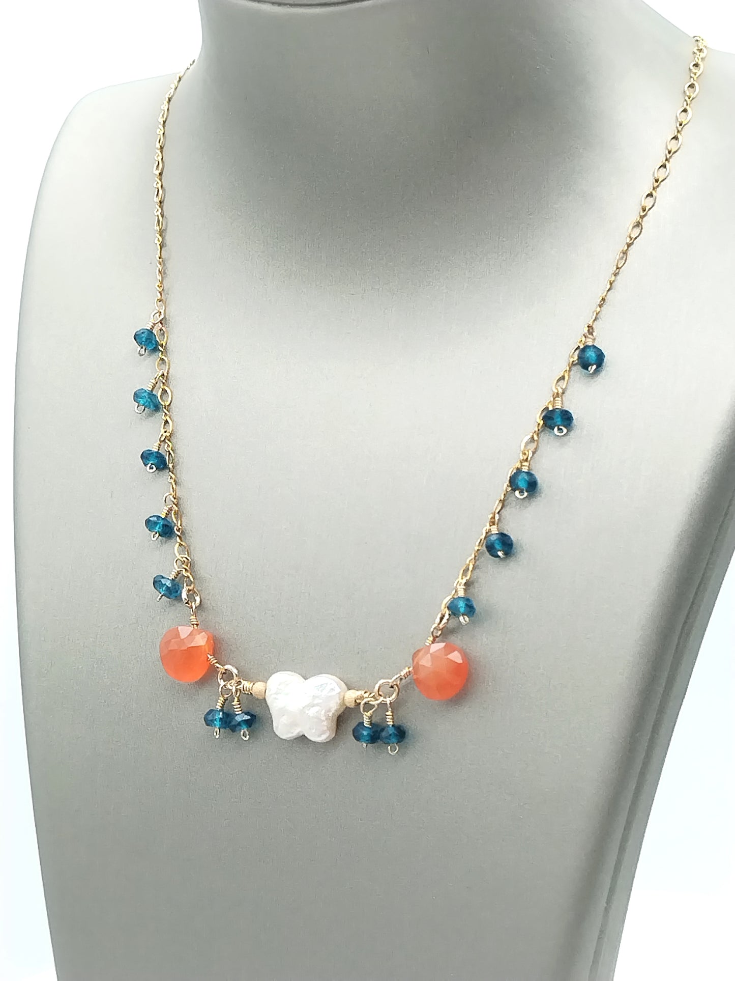Butterfly Pearl Choker Necklace - Dangling Gemstone Charm 14k Gold Filled