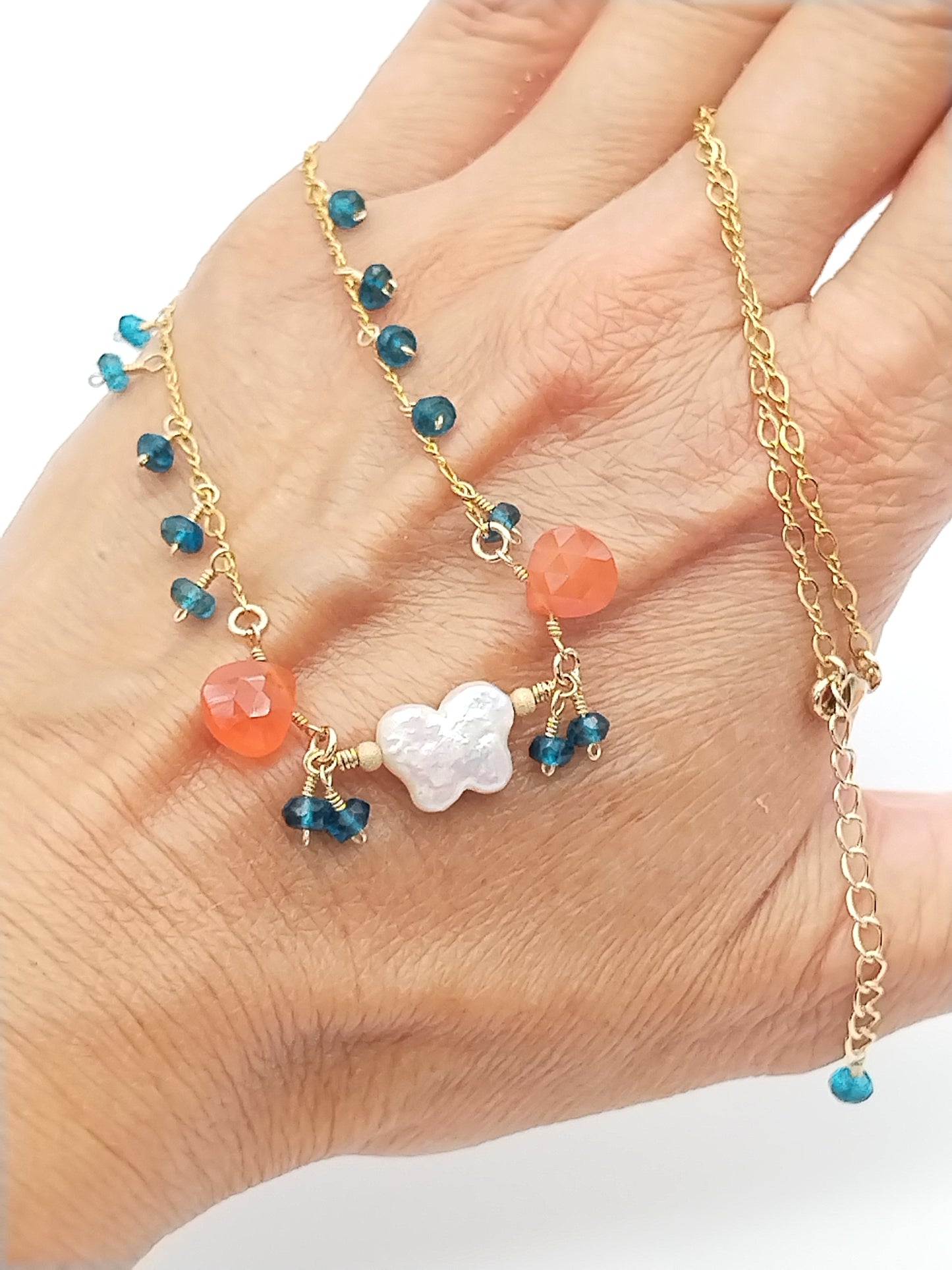 Butterfly Pearl Choker Necklace - Dangling Gemstone Charm 14k Gold Filled