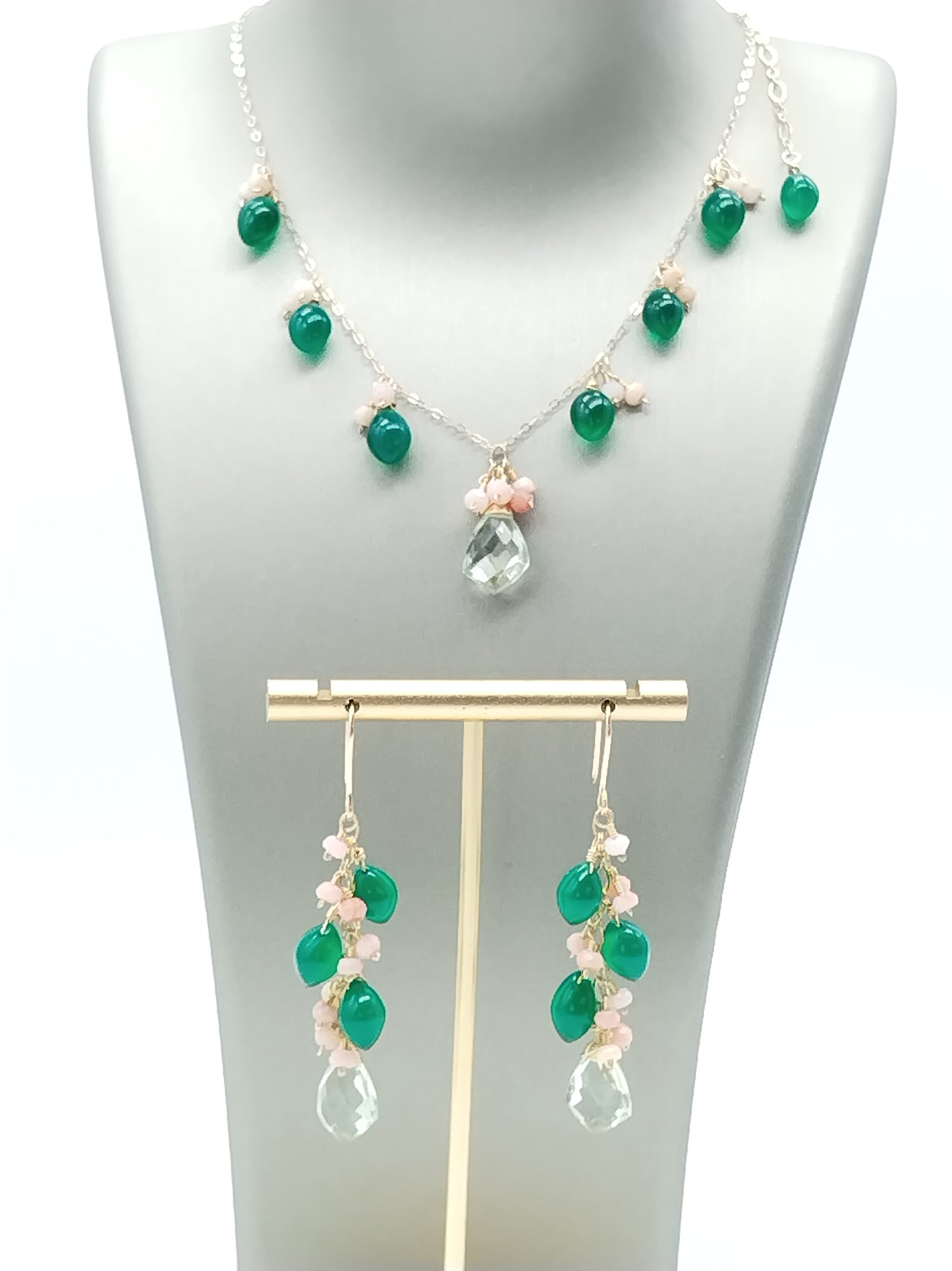 Green Onyx, Pink Opal & Prasiolite Long Drop Gold Filled Earrings