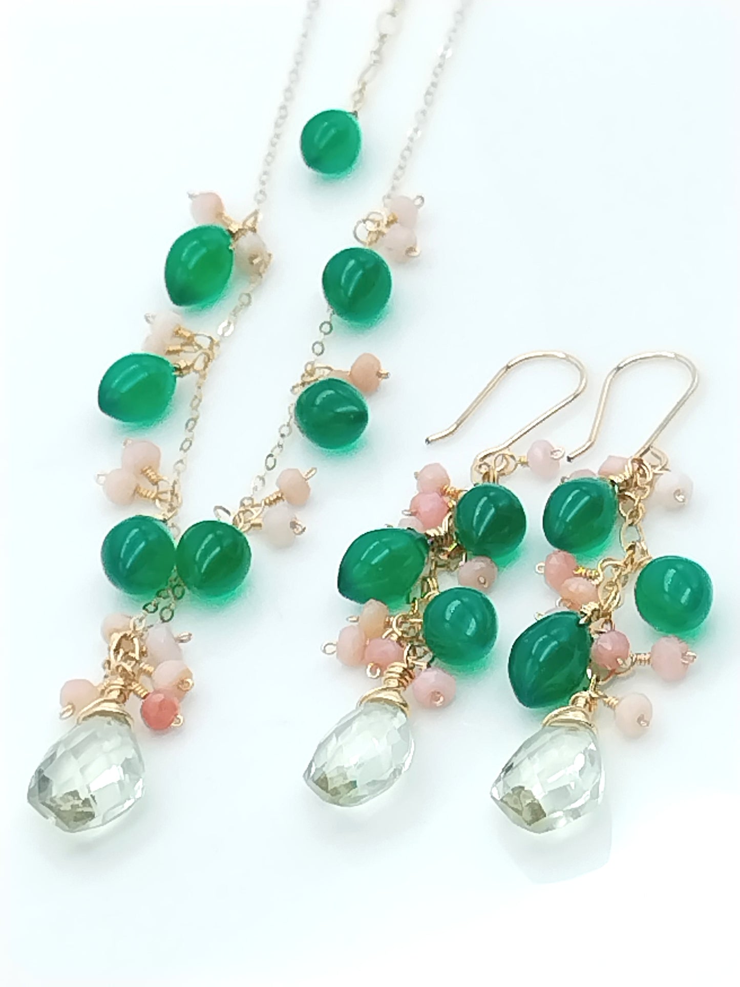 Green Onyx, Pink Opal & Prasiolite Long Drop Gold Filled Earrings