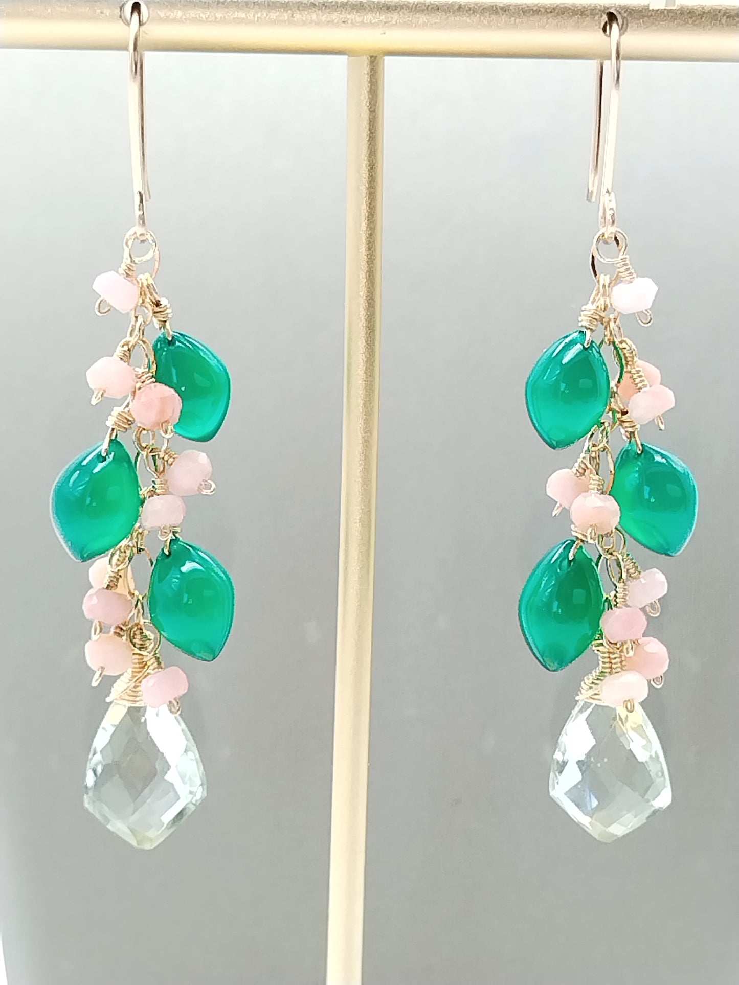 Green Onyx, Pink Opal & Prasiolite Long Drop Gold Filled Earrings