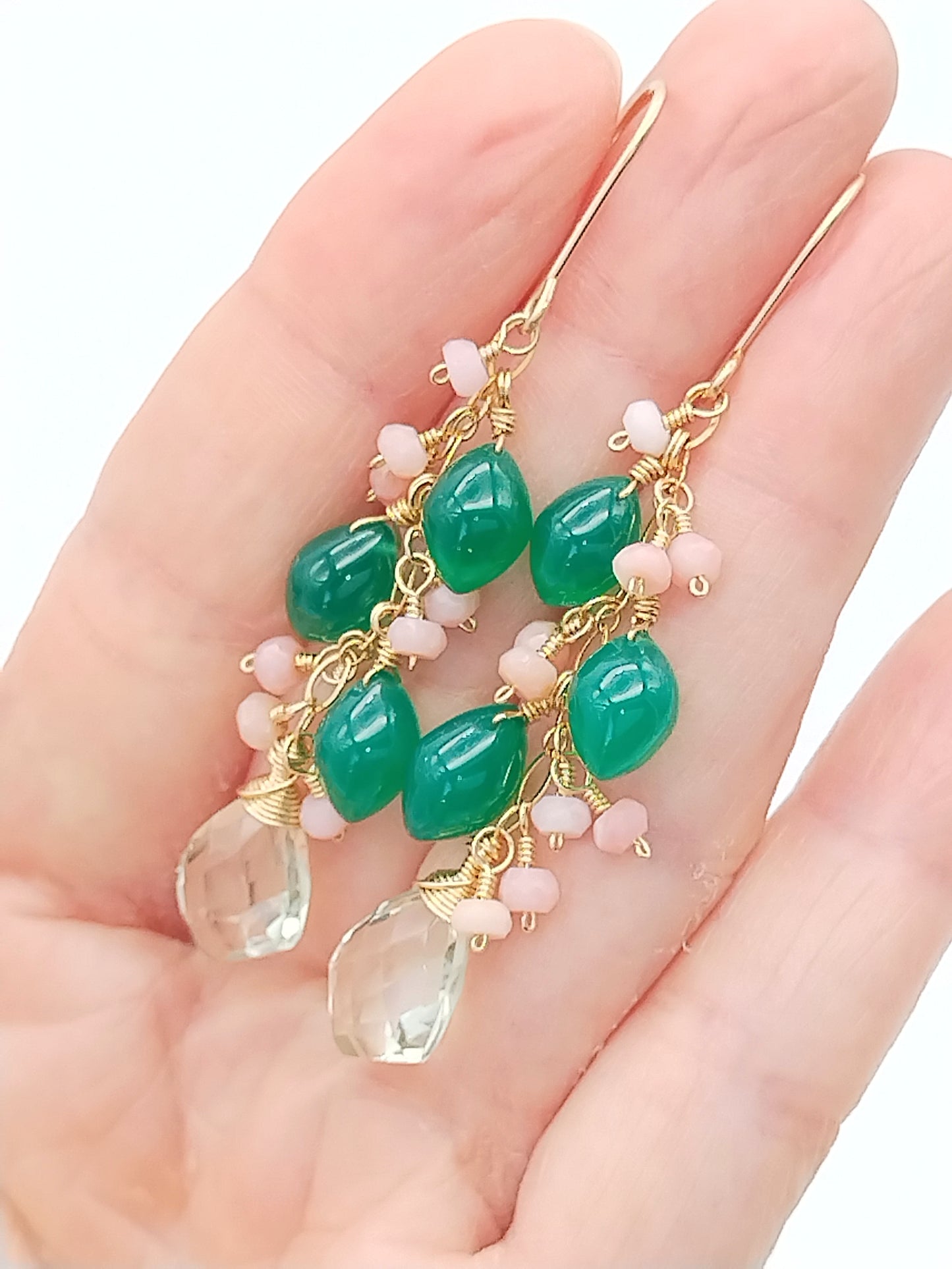 Green Onyx, Pink Opal & Prasiolite Long Drop Gold Filled Earrings