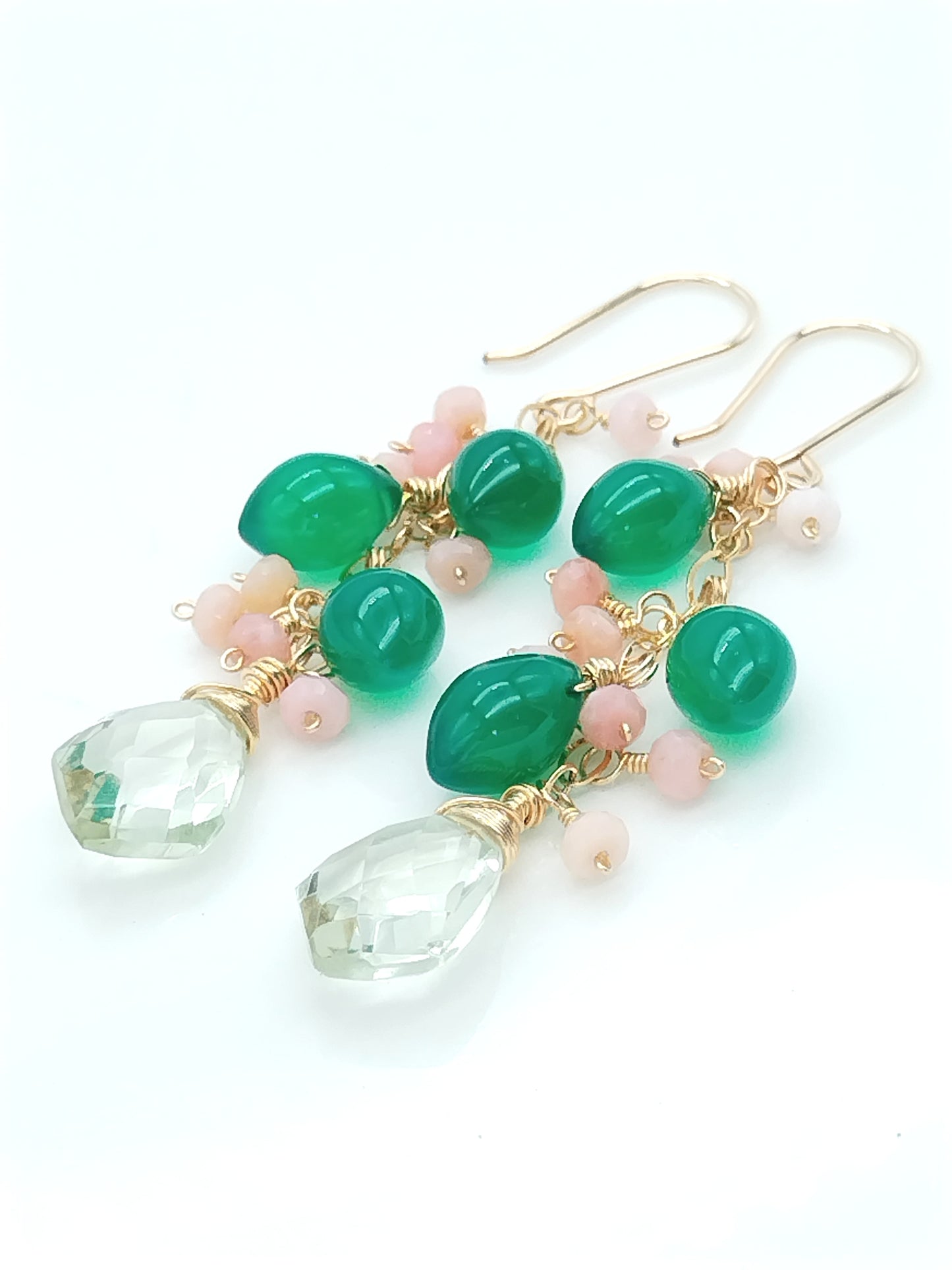 Green Onyx, Pink Opal & Prasiolite Long Drop Gold Filled Earrings