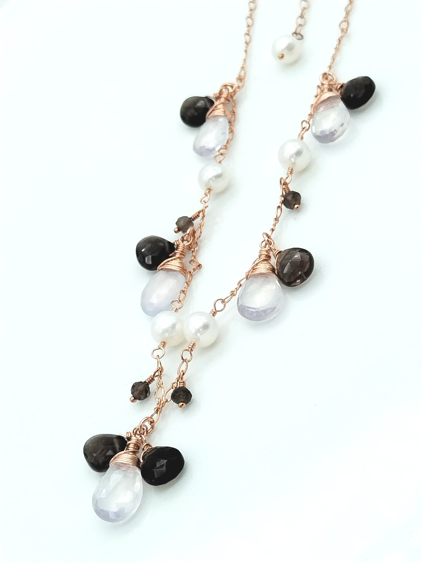 Rose Gold Dangling Quartz & Freshwater Pearls Necklace