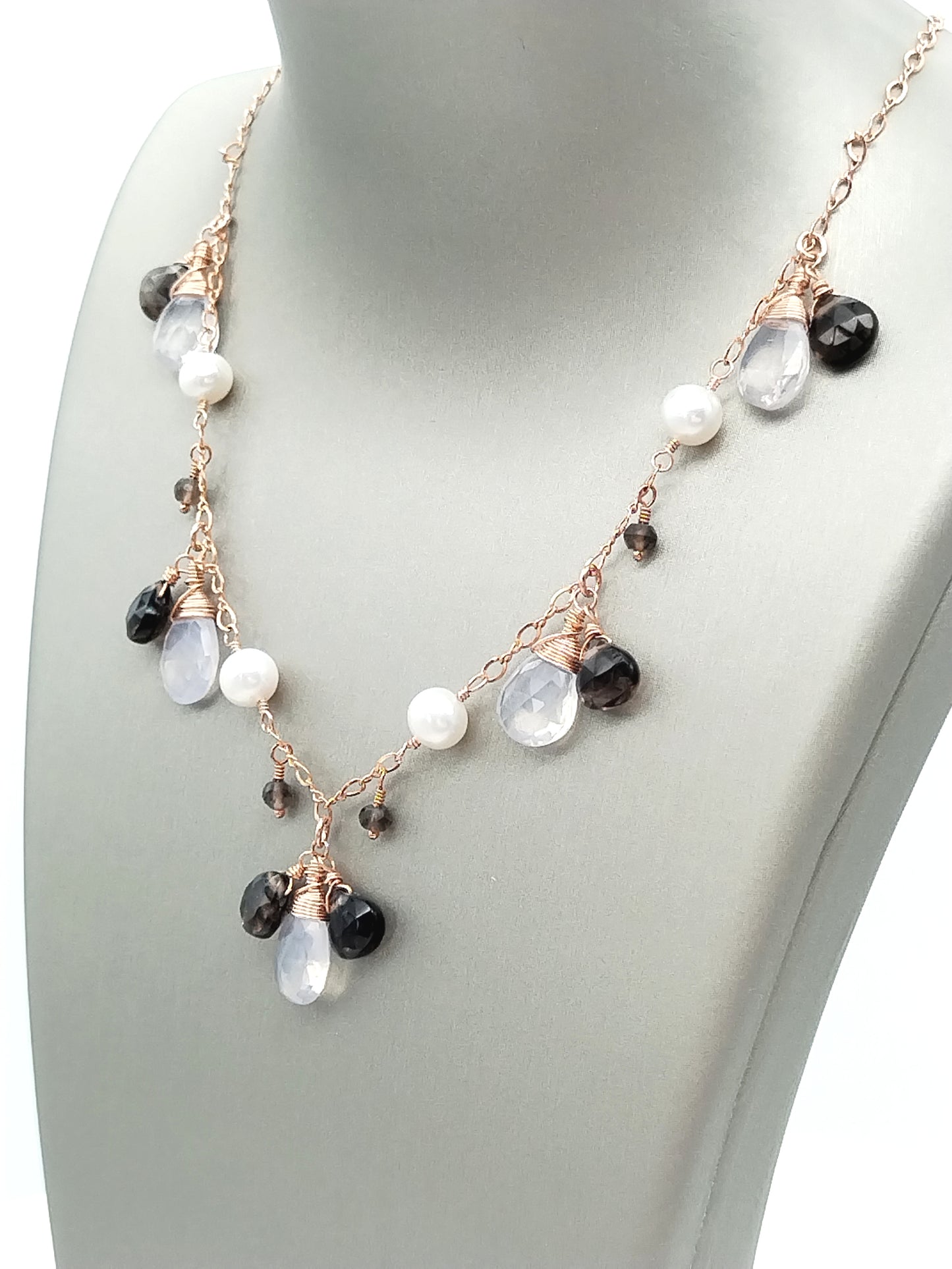 Rose Gold Dangling Quartz & Freshwater Pearls Necklace