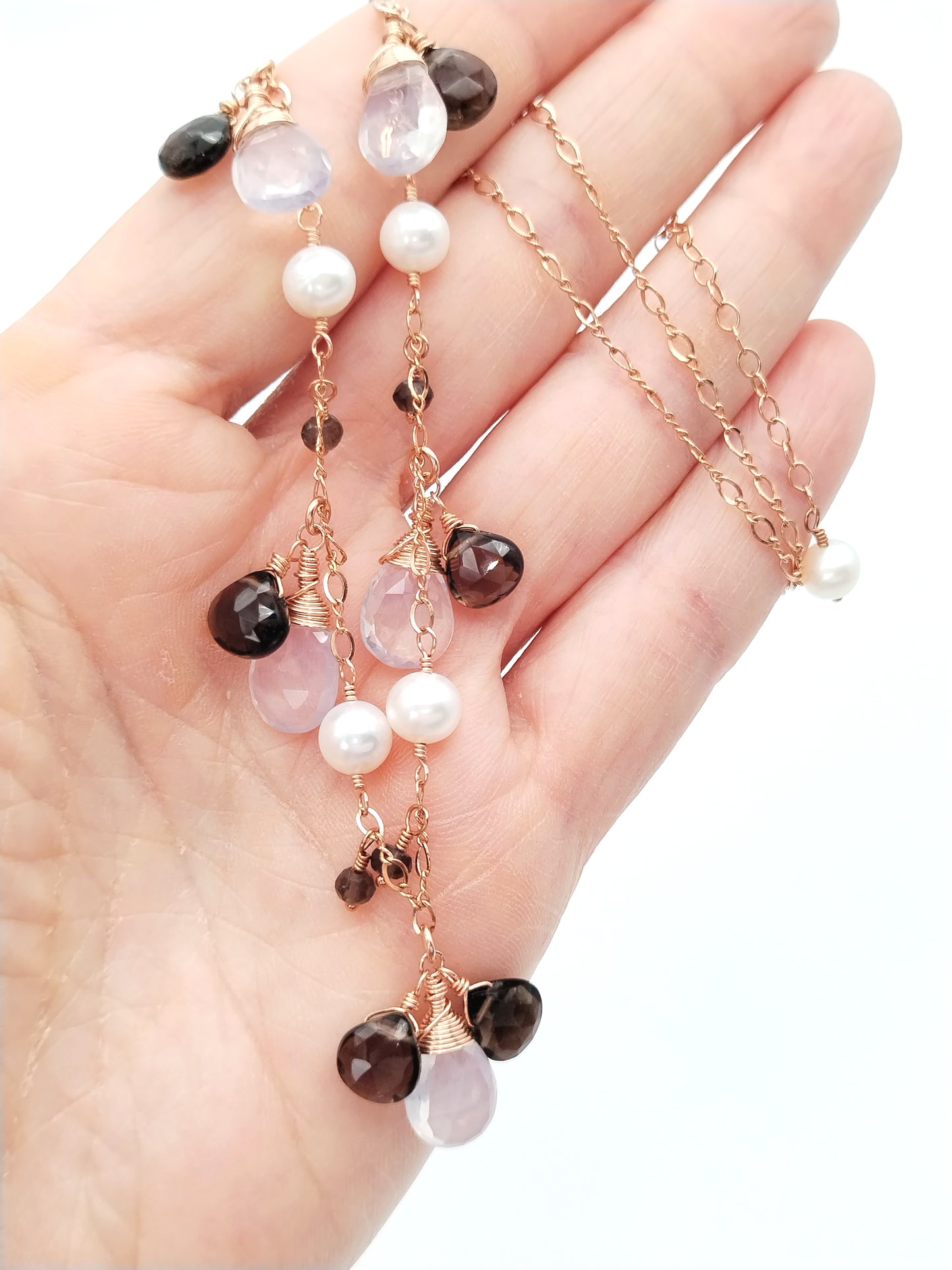 Rose Gold Dangling Quartz & Freshwater Pearls Necklace