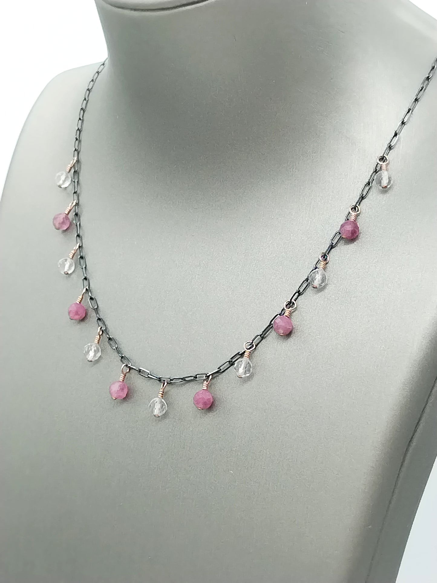 Rose Gold Tourmaline and Quartz Sterling Silver Dangling Necklace
