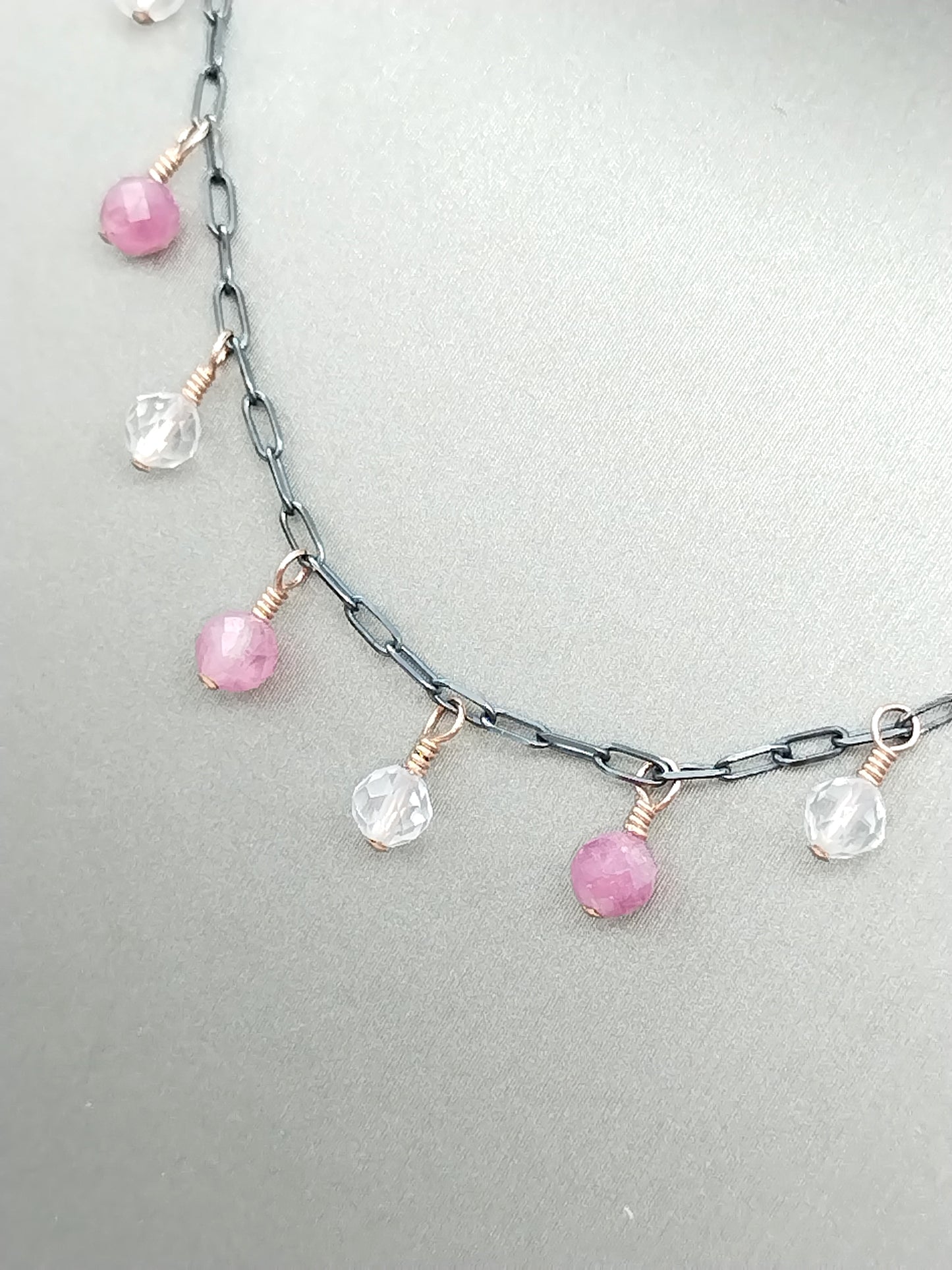 Rose Gold Tourmaline and Quartz Sterling Silver Dangling Necklace
