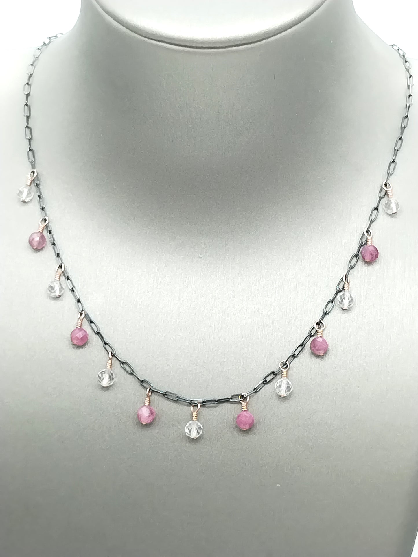 Rose Gold Tourmaline and Quartz Sterling Silver Dangling Necklace