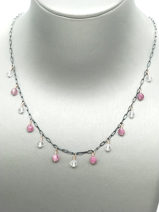 Rose Gold Tourmaline and Quartz Sterling Silver Dangling Necklace