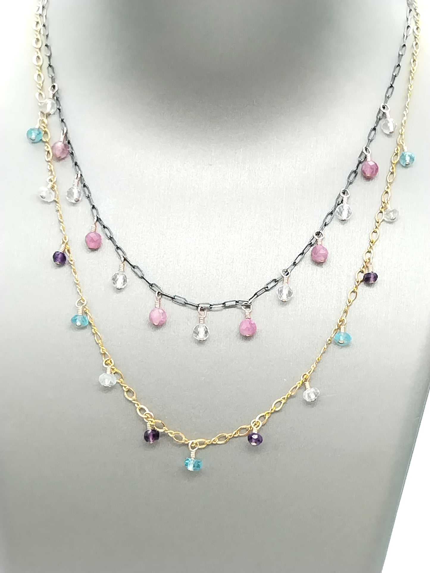 Tourmaline rose quartz necklace showing dangling gemstone design - rose gold filled accents by Ms Friesch