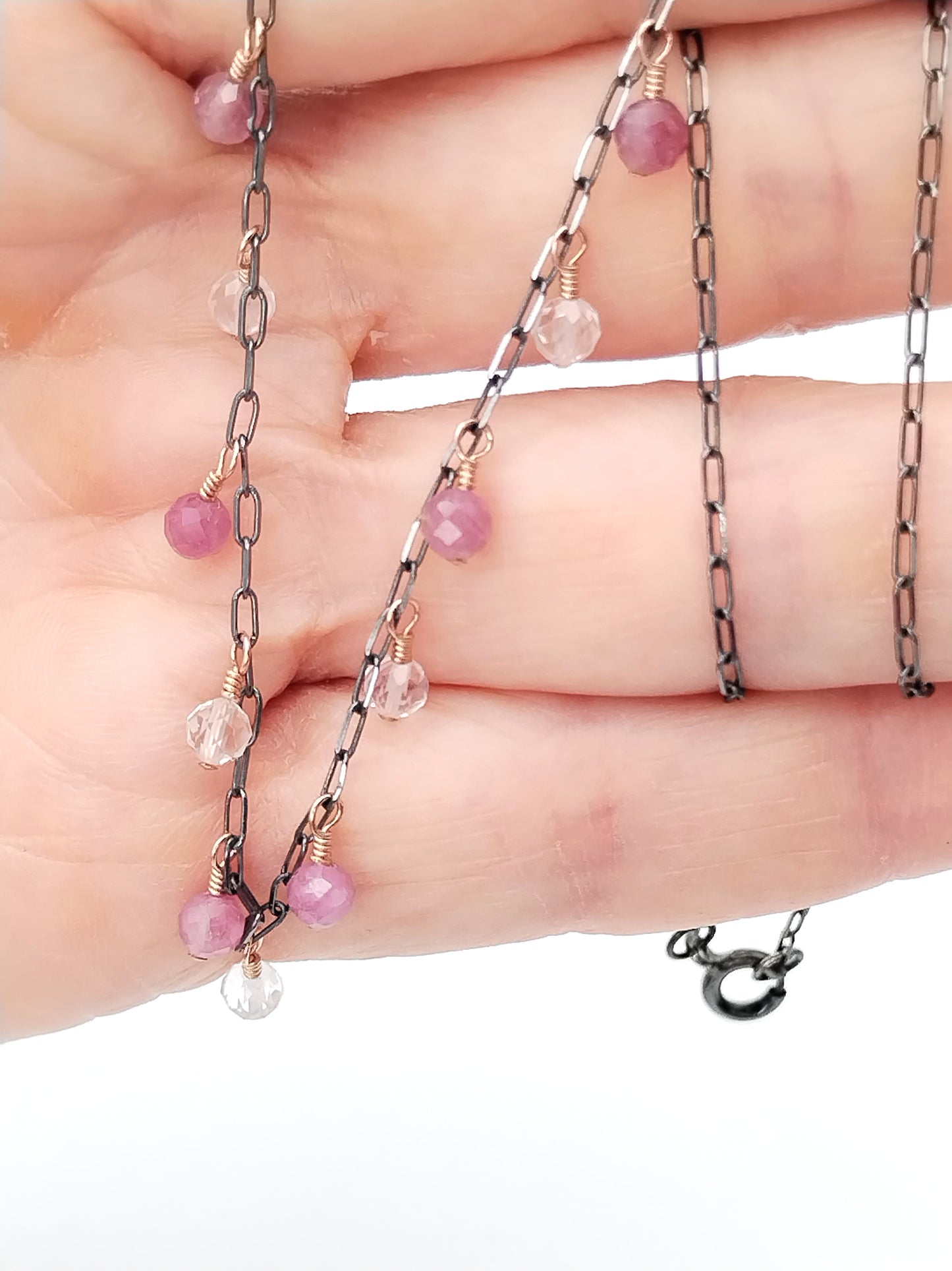Rose Gold Tourmaline and Quartz Sterling Silver Dangling Necklace