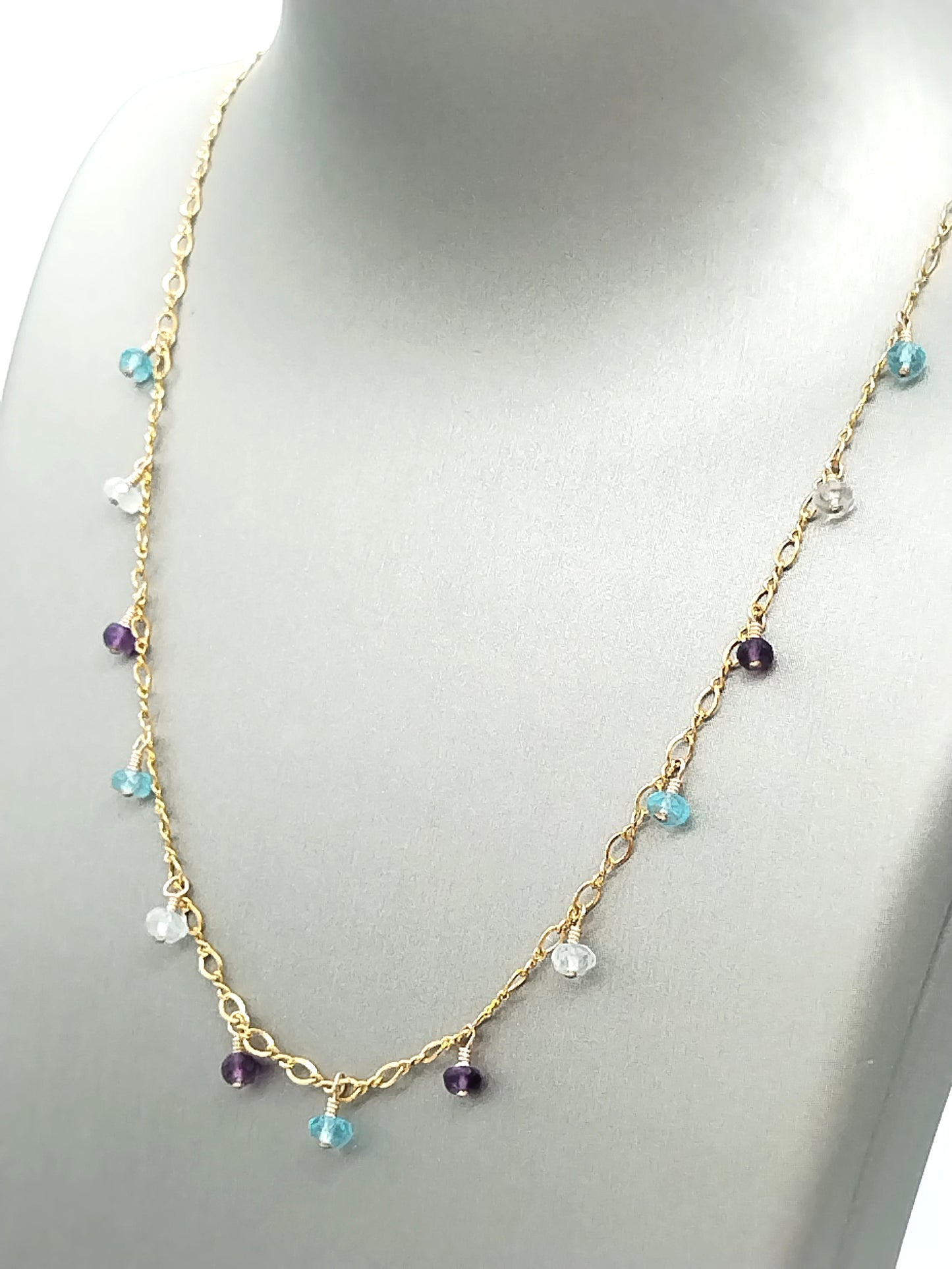 Gold Amethyst and Apatite Gemstones Dangling Necklace