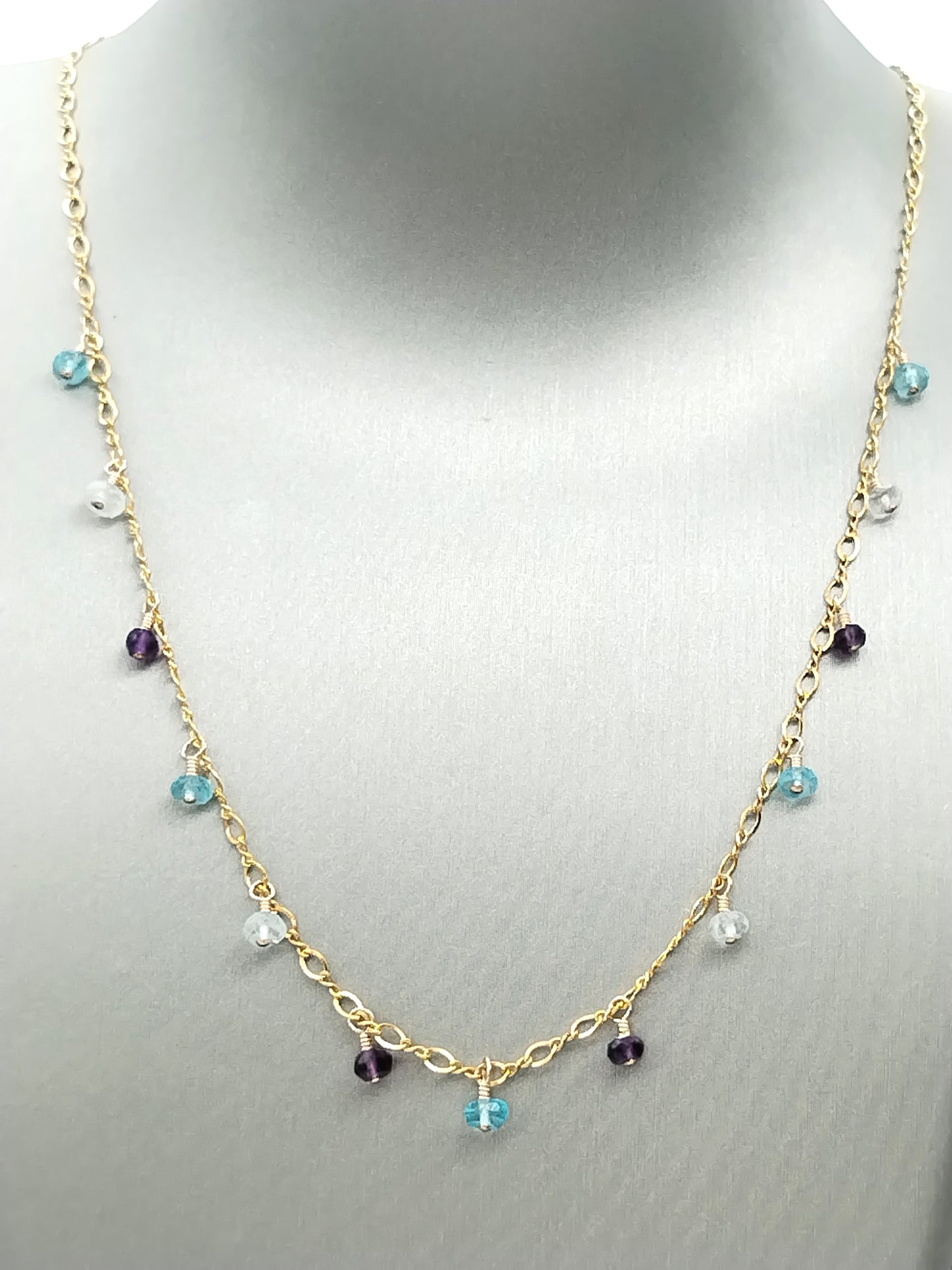 Gold Amethyst and Apatite Gemstones Dangling Necklace