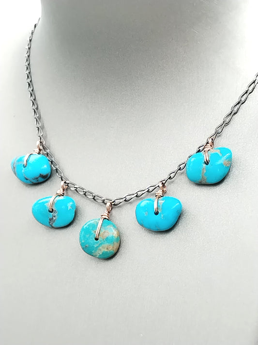 Turquoise Beads Rose Gold Filled and Sterling Silver Dangle Necklace