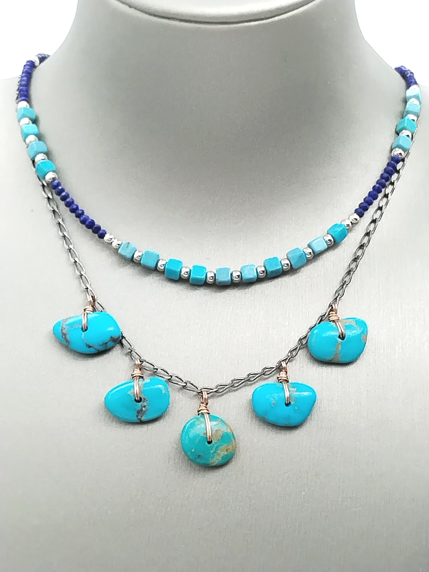 Turquoise Beads Rose Gold Filled and Sterling Silver Dangle Necklace