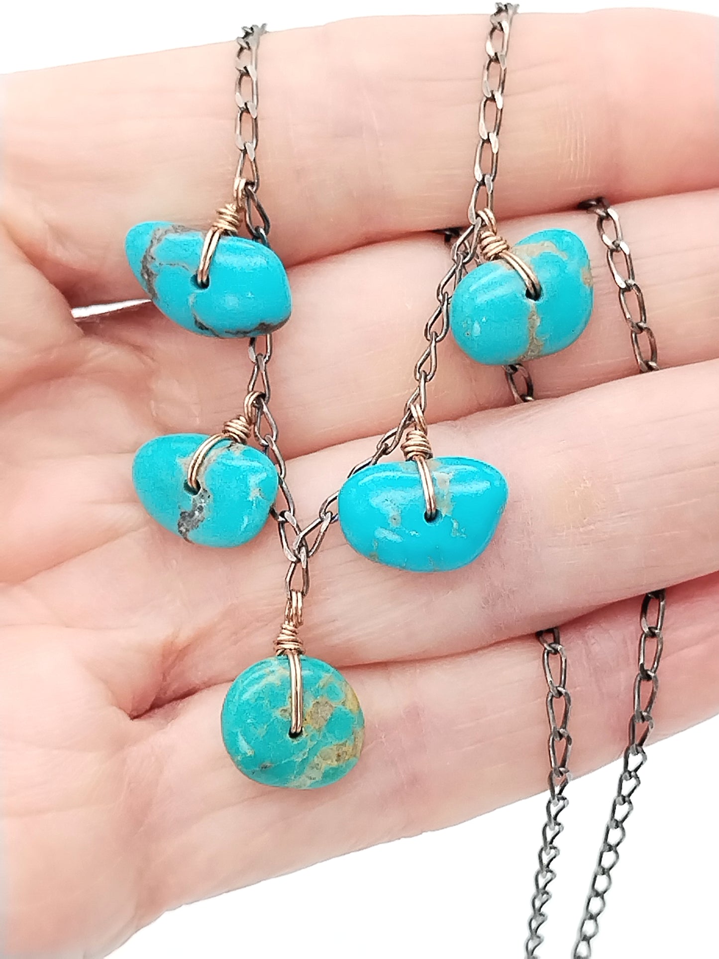 Turquoise Beads Rose Gold Filled and Sterling Silver Dangle Necklace
