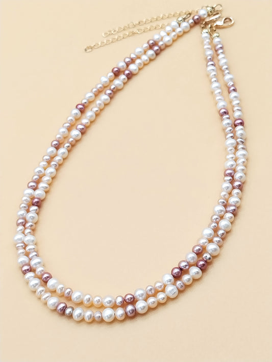 Multi - Size Pink and White Freshwater Pearl Gold Choker Necklace