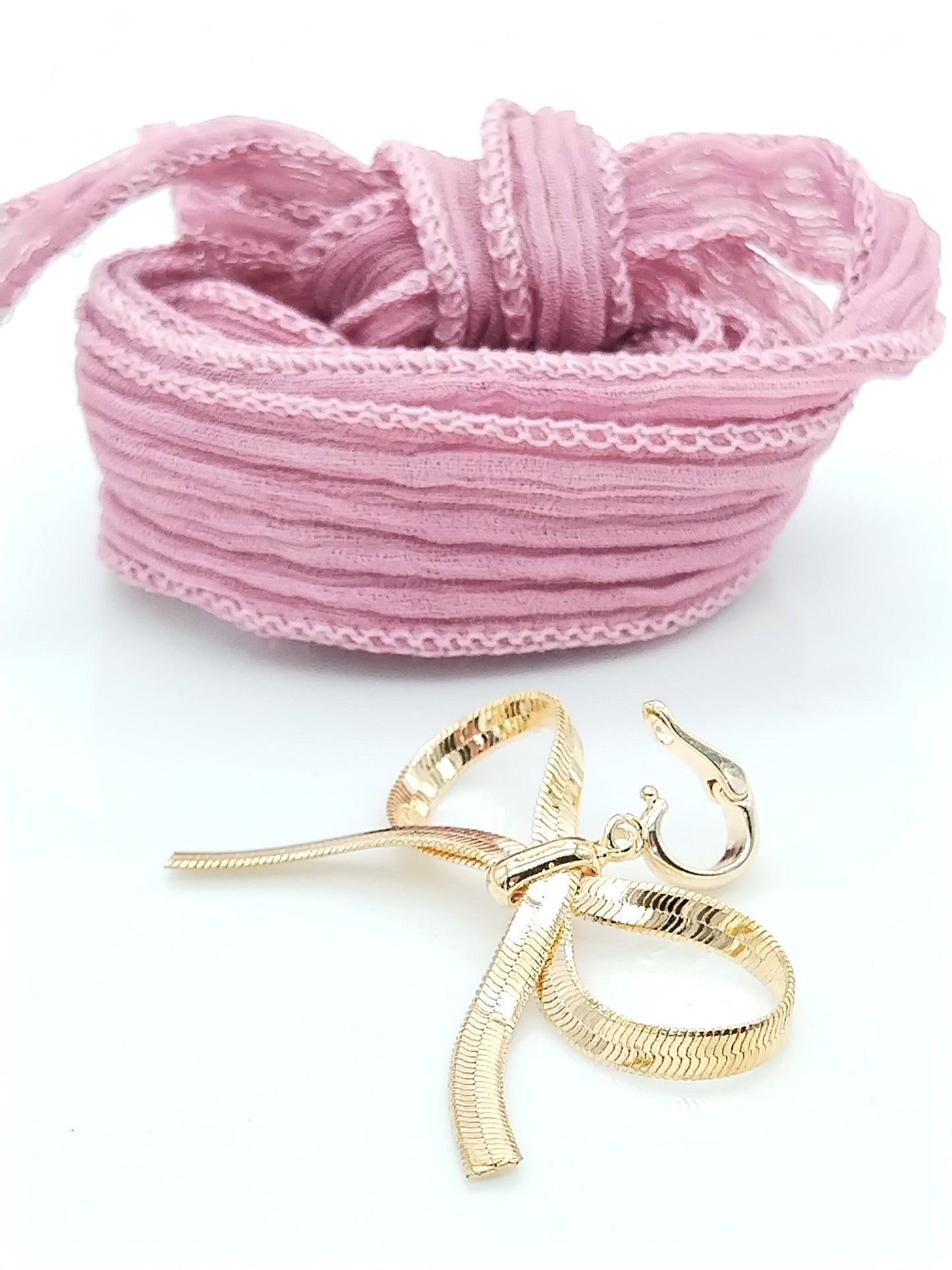 Versatile Pastel Silk Ribbon Tie and Bracelet with Removable Gold Bowknot Charm
