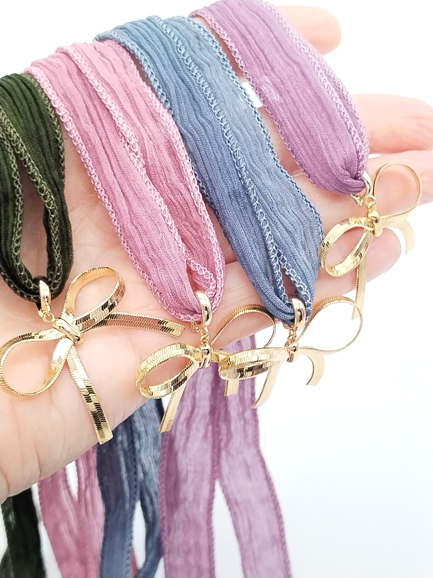 Versatile Pastel Silk Ribbon Tie and Bracelet with Removable Gold Bowknot Charm