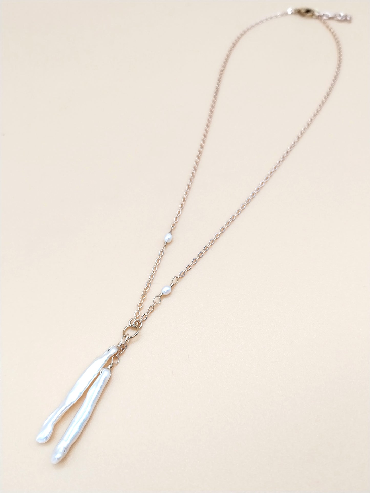14k Gold Filled Stick Pearl Necklace | Dainty Biwa Pearl Station Chain
