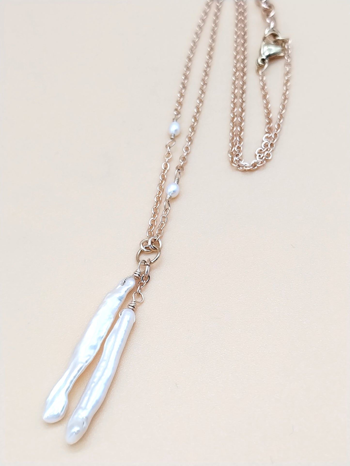 14k Gold Filled Stick Pearl Necklace | Dainty Biwa Pearl Station Chain
