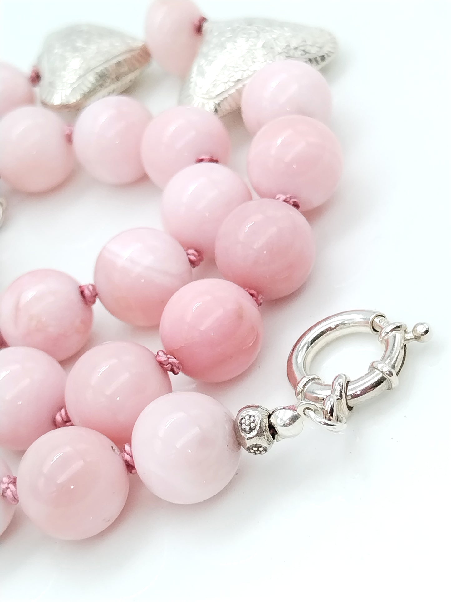 Chunky Peruvian Pink Opal Necklace, Sterling Silver Karen Hill Tribe Heart Choker, Hand Knotted Silk Necklace