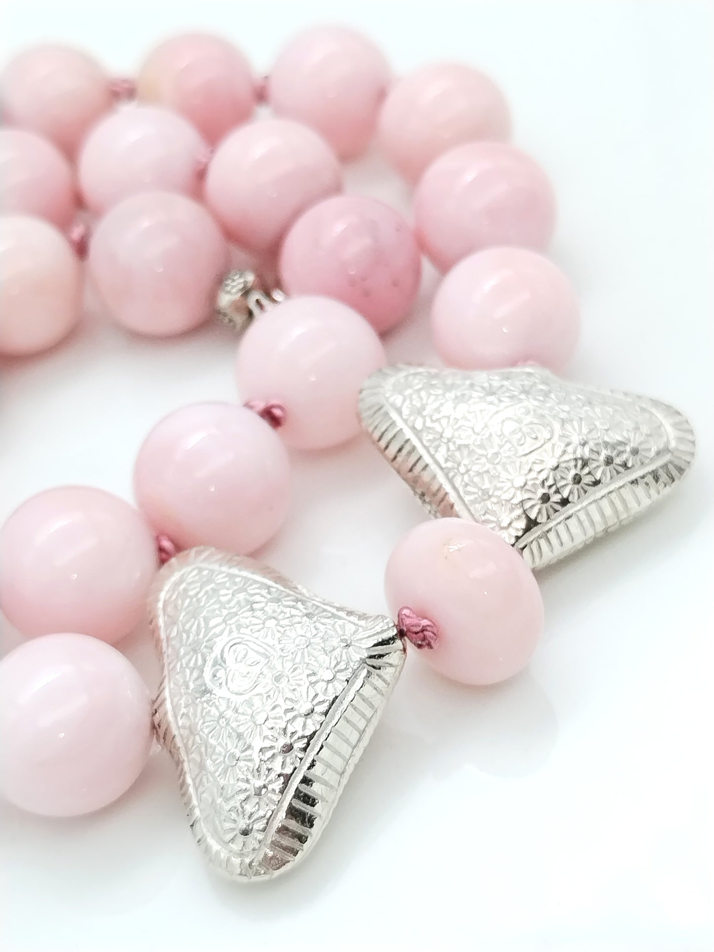 Chunky Peruvian Pink Opal Necklace, Sterling Silver Karen Hill Tribe Heart Choker, Hand Knotted Silk Necklace