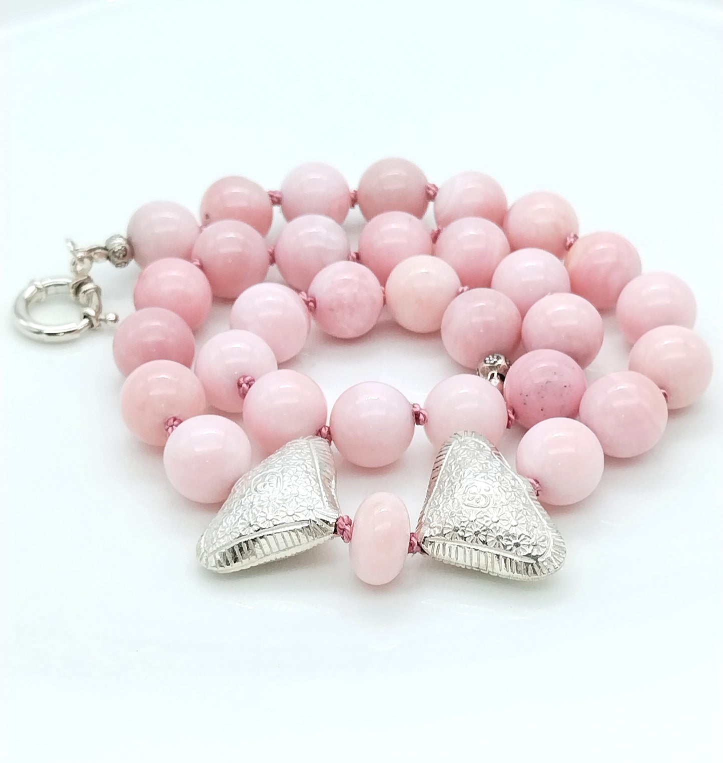 Chunky Peruvian Pink Opal Necklace, Sterling Silver Karen Hill Tribe Heart Choker, Hand Knotted Silk Necklace