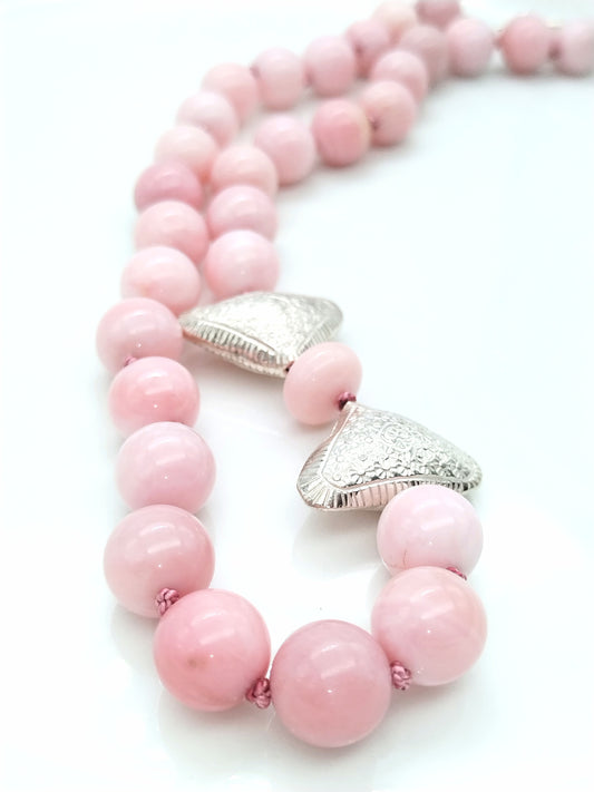 Chunky Peruvian Pink Opal Necklace, Sterling Silver Karen Hill Tribe Heart Choker, Hand Knotted Silk Necklace