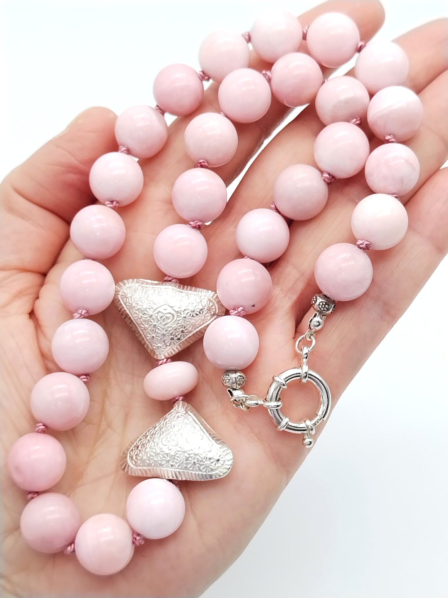 Chunky Peruvian Pink Opal Necklace, Sterling Silver Karen Hill Tribe Heart Choker, Hand Knotted Silk Necklace