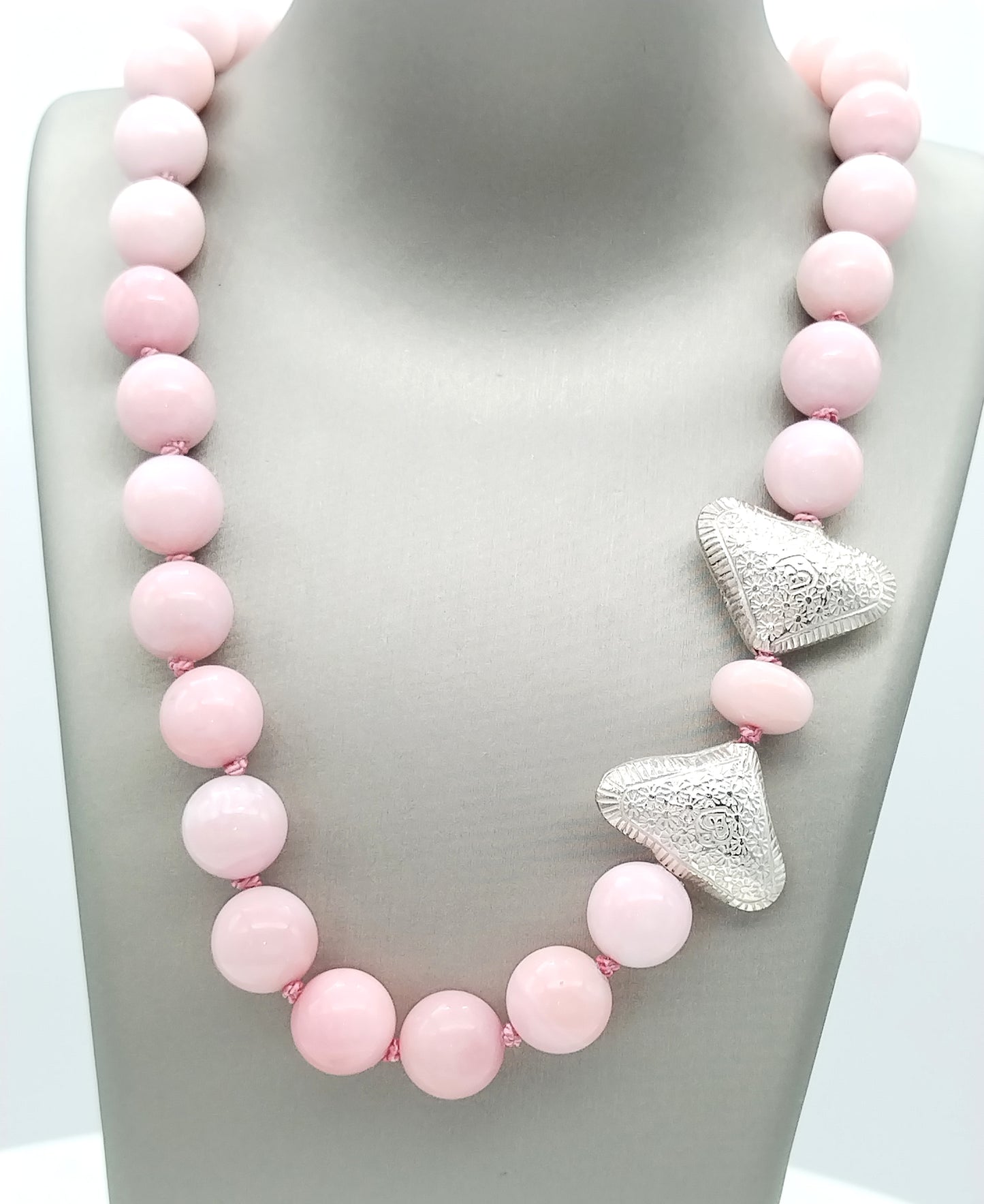 Chunky Peruvian Pink Opal Necklace, Sterling Silver Karen Hill Tribe Heart Choker, Hand Knotted Silk Necklace